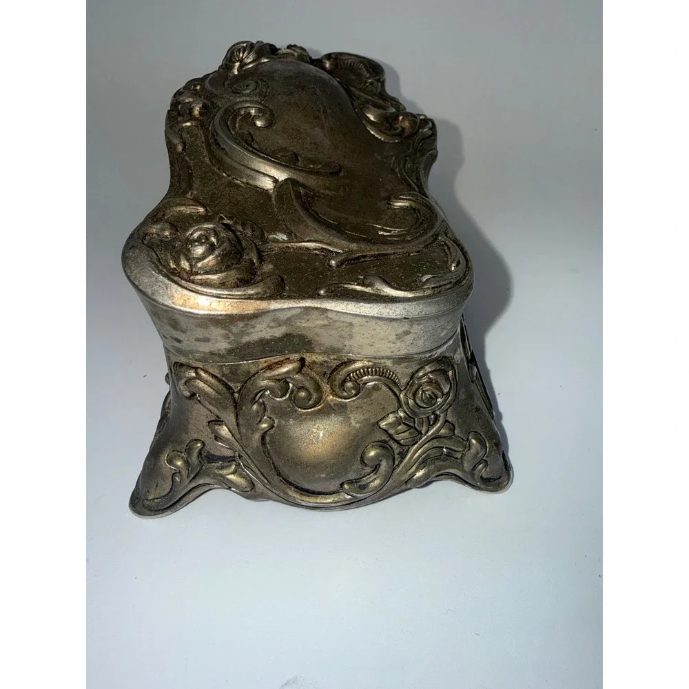 Vintage Art Nouveau Silver Tone Rose Floral Metal Trinket Jewelry Box Red Velvet